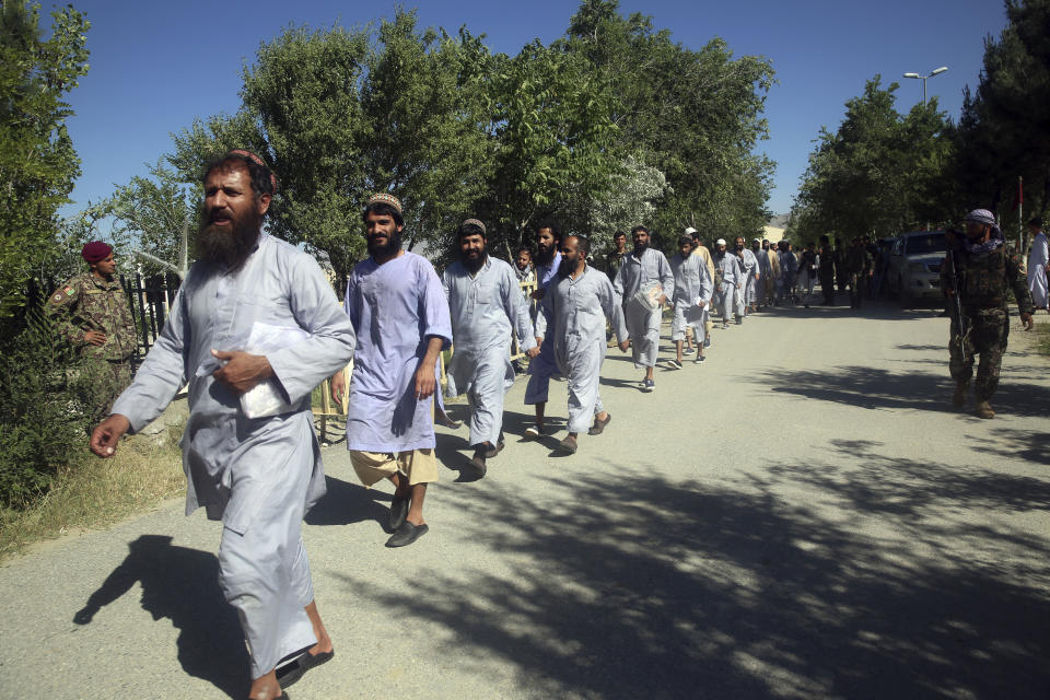 FILE - In this May 26, 2020, file photo, prisoners are released from Bagram Prison in Parwan province, Afghanistan. After more than a month of delays, escalating violence and a flurry of diplomatic activity peace talks between the Taliban and the Afghan government have resumed Monday, Feb. 22, 2021, in the Middle Eastern State of Qatar. (AP Photo/ Rahmat Gul, File)