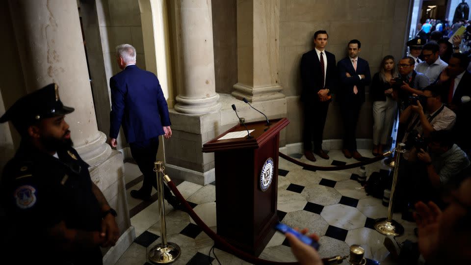 Speaker of the House Kevin McCarthy walks back into his office after announcing an impeachment inquiry against President Joe Biden to members of the news media at the Capitol on September 12, 2023 in Washington, DC.  - Chip Somodevilla/Getty Images