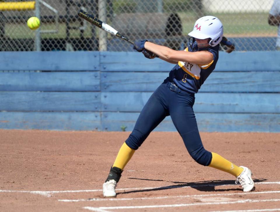 Big Valley Christian’s Morgan Merzon hits a leadoff infield single against Leigh High School of San Jose during the CIF Northern California Division V Regional Playoffs at Big Valley Christian High School in Modesto, Calif. on Thursday, May 30, 2024.