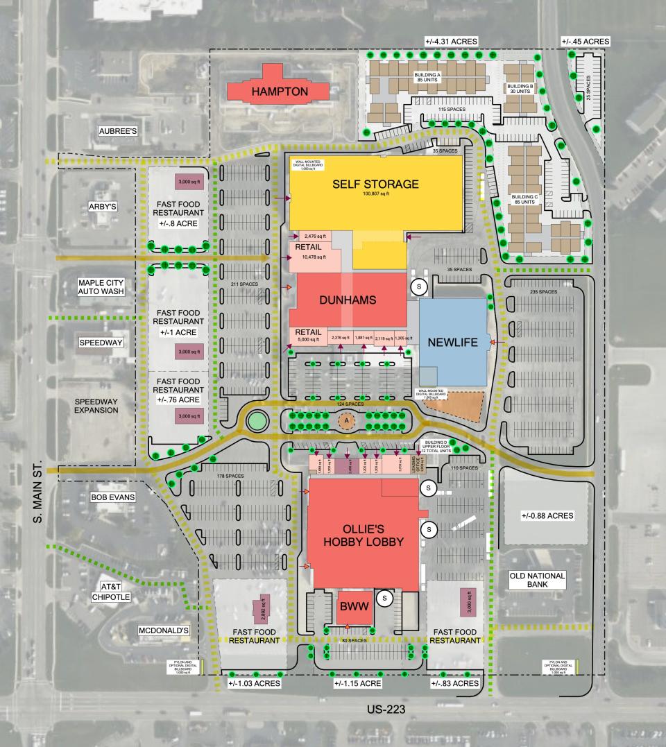 This rendering shows one of two proposed site plans for the Adrian Mall, which were presented last week to the Adrian Planning Commission by the Adrian Development Group, along with mall ownership. The proposal includes multifamily residential housing anchor business tenants, retail and dining options, a church and self-storage.