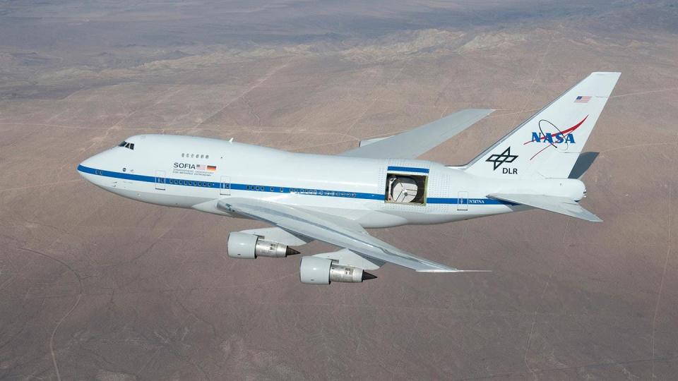 SOFIA is a Boeing 747SP jetliner modified to carry a 100-inch diameter telescope. It is a joint project of NASA and the German Aerospace Center.