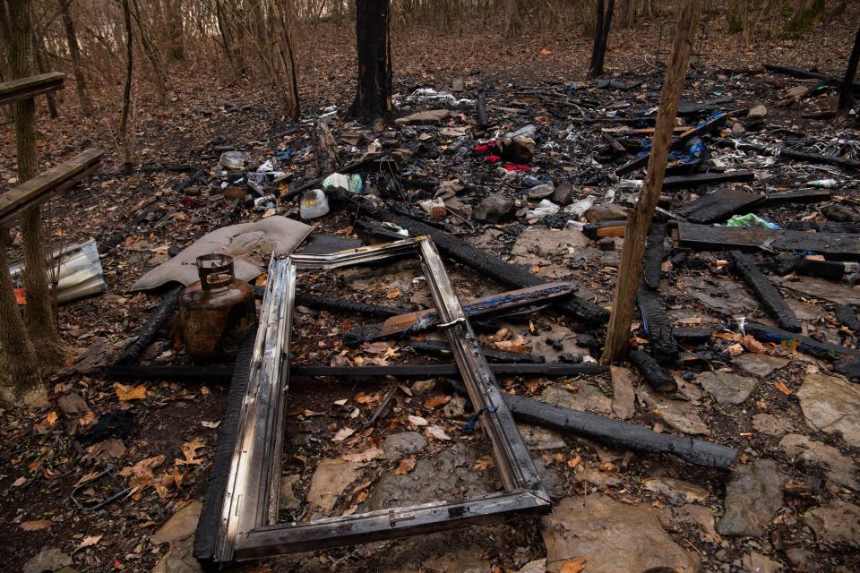 The former campsite of Drandon Brown, which was burned after he was shot and killed by police in Nashville. Brown lived at a homelss encampment at Brookmeade Park.