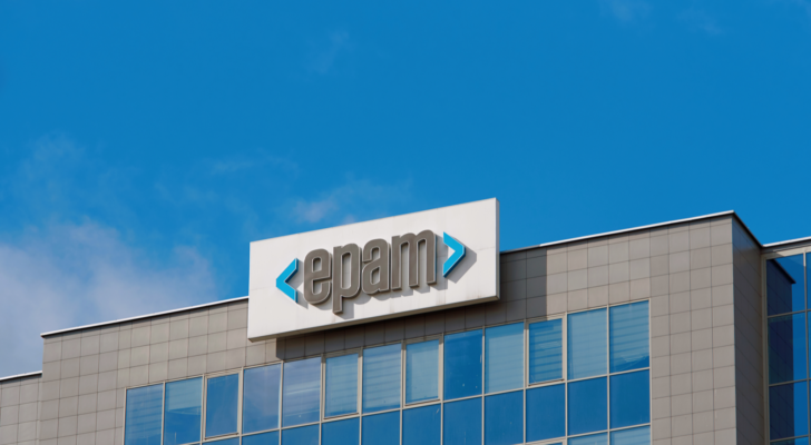 The logo for Epam Systems is seen on the side of an office building.