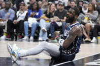 Dallas Mavericks guard Kyrie Irving celebrates after scoring during the second half in Game 5 of an NBA basketball first-round playoff series against the Los Angeles Clippers Wednesday, May 1, 2024, in Los Angeles. (AP Photo/Mark J. Terrill)