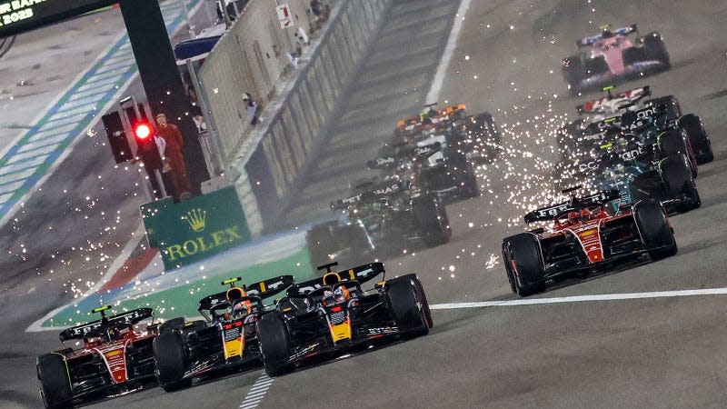 A photo of Formula 1 cars racing in Bahrain. 