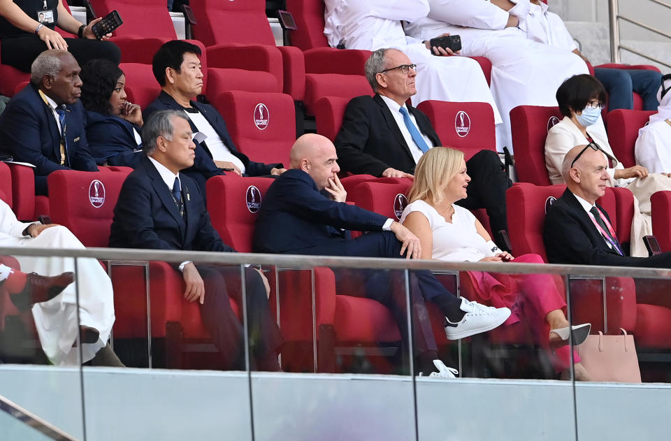 DOHA, QATAR - NOVEMBER 23: (Front L-R) Japan Football Association President Kozo Tashima, Gianni Infantino, President of FIFA, and German Federal Minister of the Interior and Community Nancy Faeser look on during the FIFA World Cup Qatar 2022 Group E match between Germany and Japan at Khalifa International Stadium on November 23, 2022 in Doha, Qatar. (Photo by Claudio Villa/Getty Images)