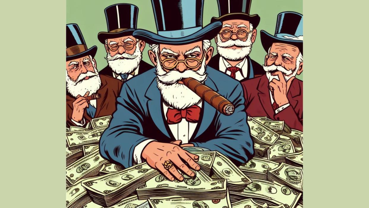 Cartoon showing group of capitalists and their money