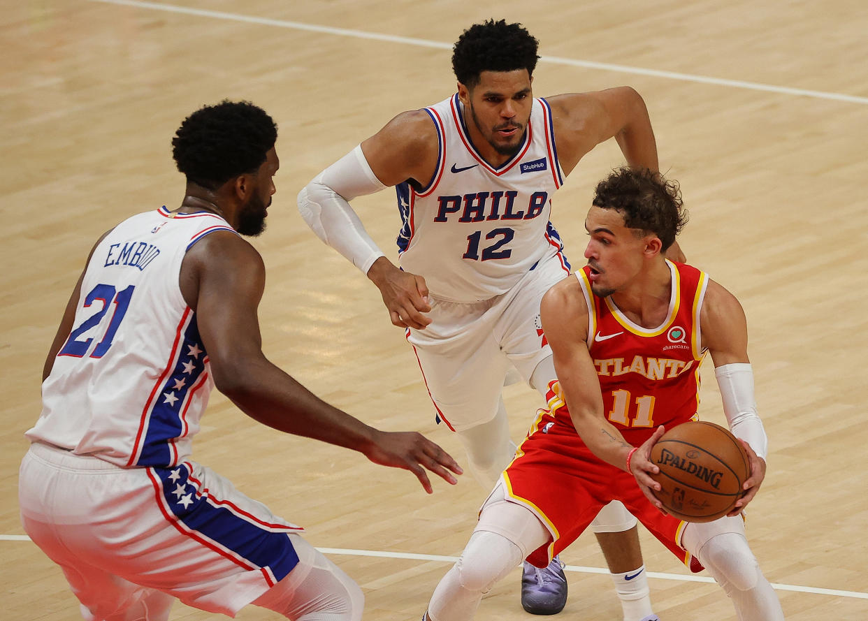 Atlanta Hawks star Trae Young does not have a lot of breathing room against the Philadelphia 76ers. (Kevin C. Cox/Getty Images)
