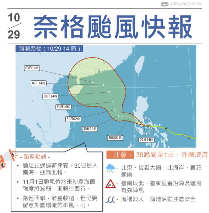 奈格颱風轉向偏西趨向華南沿岸。（圖／翻攝自報天氣臉書）