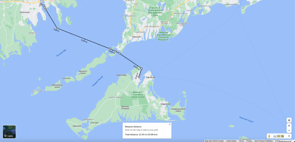 The ferry route from New Bedford to Martha's Vineyard, a route some residents of Woods Hole hope to see more freight diverted to, is about 22 miles — nearly five miles shorter than the distance between Hyannis and Nantucket, according to Google Maps.
