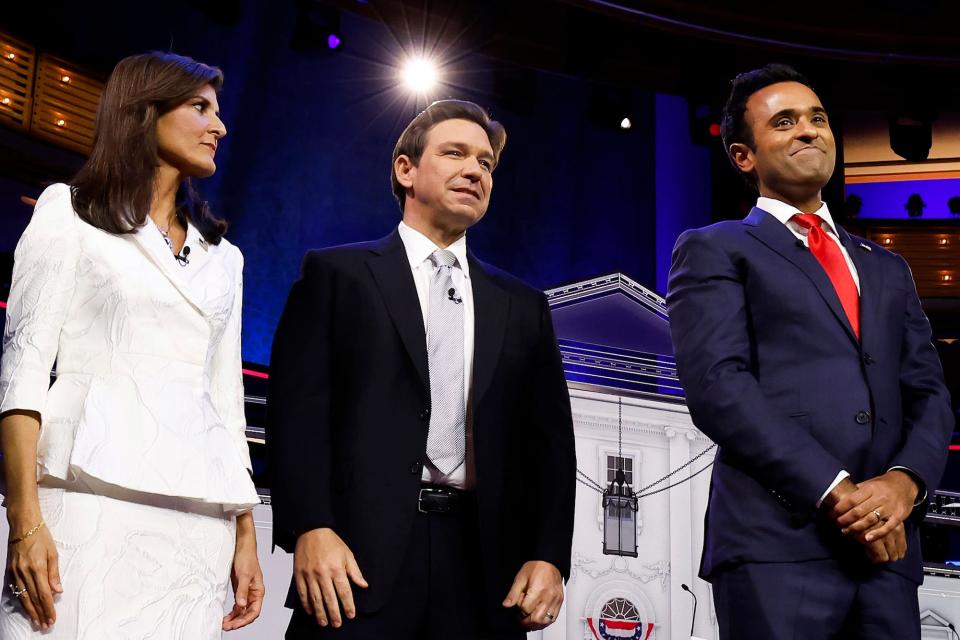 Former UN Ambassador Nikki Haley, Florida Gov. Ron DeSantis, and Vivek Ramaswamy at the GOP presidential debate on November 8, 2023.