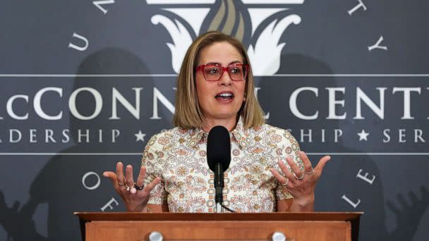 PHOTO: Arizona Sen. Kyrsten Sinema made remarks about bipartisanship as a guest of Sen. Mitch McConnell during an event at the McConnell Center on the campus of the University of Louisville in Louisville, Ky. on Sept. 26, 2022. (Sam Upshaw Jr./Courier Journal/USA Today)