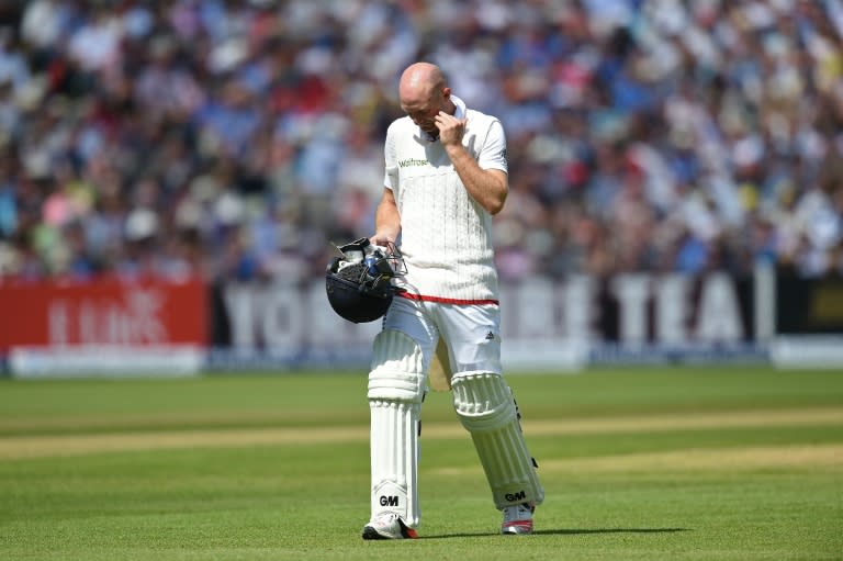 England's Adam Lyth walks back to the pavilion after losing his wicket on the third day of the third Ashes cricket test match between England and Australia in Birmingham, England, on July 31, 2015