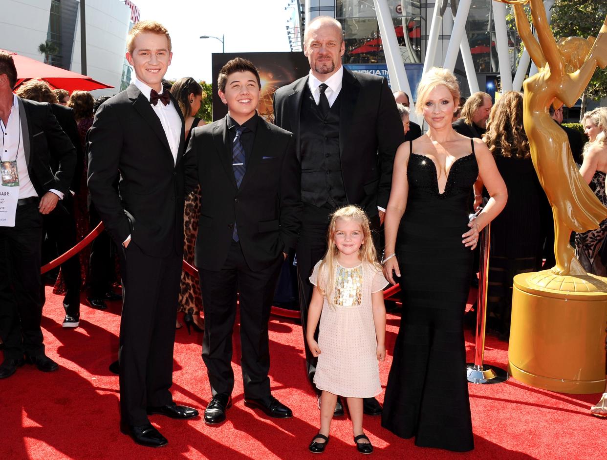 Jason Dolley (left), Bradley Steven Perry, Eric Allan Kramer, Mia Talerico and Leigh-Allyn Baker of "Good Luck Charlie" arrive at the 2013 Primetime Creative Arts Emmy Awards on Sept. 15, 2013, in Los Angeles.