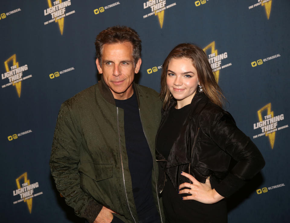 NEW YORK, NY - OCTOBER 16: Ben Stiller and daughter Ella Stiller pose at the opening night after party for the new musical based on the film "The Lightning Thief: The Percy Jackson Musical" on Broadway at Bowlmor Lanes Bolwing Alley & Lounge on October 16, 2019 in New York City (Photo by Bruce Glikas/WireImage)