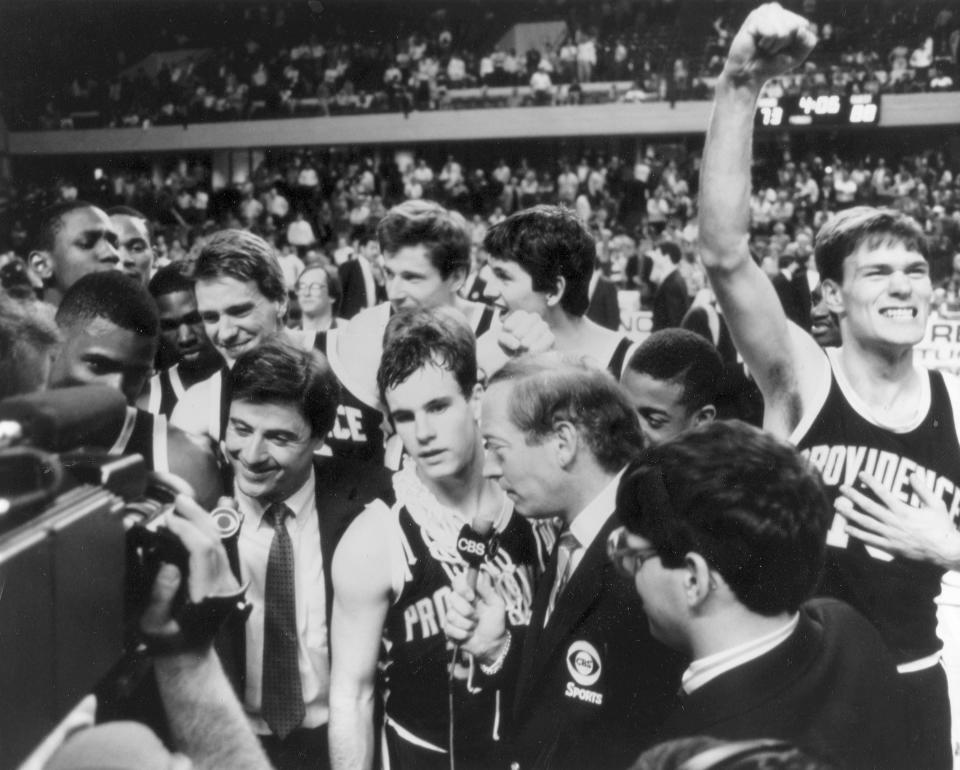 1987 Friars team photo headed to Final Four after defeating Georgetown in Elite Eight. (Providence athletics)