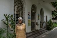Indian Partition survivor Madhu Sondhi, 75, speaks during an interview with AFP at the home where she lived during the Partition in New Delhi, which is now used by Indian Railways