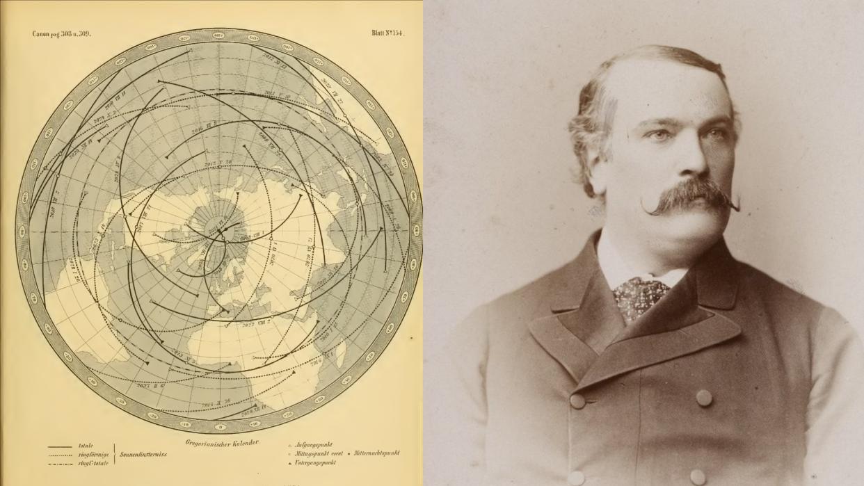 Two images; on the left is a vintage illustration of earth crisscrossed with arcing lines showing the paths of eclipses; on the right is a vintage portrait of a man in a suit with a large mustache. 