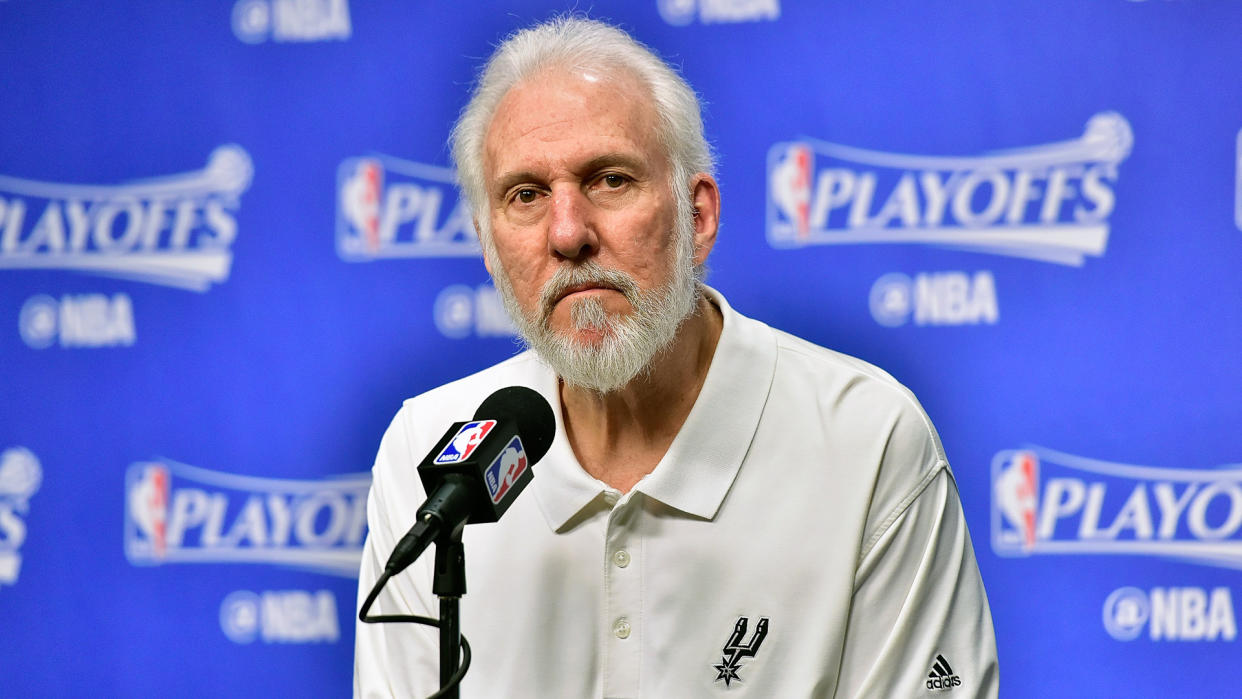 MEMPHIS, TN - APRIL 27:  Head coach Gregg Popovich of the San Antonio Spurs speaks to the media prior to Game Six of the Western Conference Quarterfinals game against the Memphis Grizzlies during the 2017 NBA Playoffs at FedExForum on April 27, 2017 in Memphis, Tennessee.