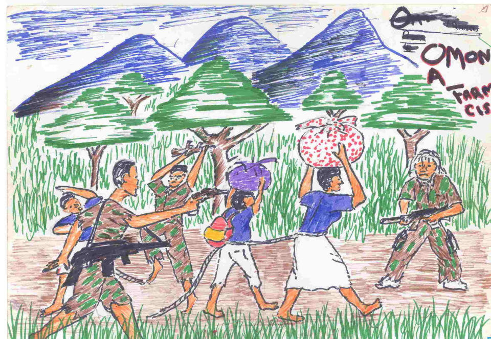 A drawing made by former child soldier in Uganda in 2002. In Uganda, the IRC worked with children during the height of the Lord's Resistance Army's reign of terror.