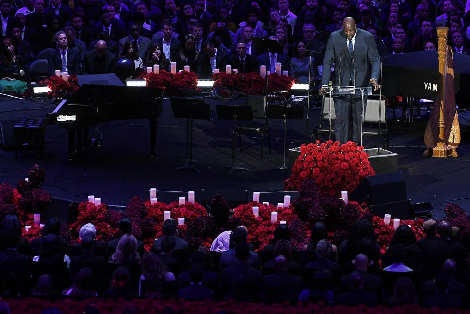 Shaquille O'Neal speaks during the "Celebration of Life for Kobe & Gianna Bryant" at Staples Center on February 24, 2020 in Los Angeles, California. (Photo by Kevork Djansezian/Getty Images)