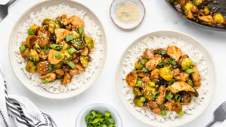 chicken and Brussels sprouts over rice