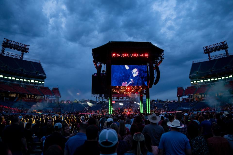 Garth Brooks performs during his Stadium Tour concert at Nissan Stadium in Nashville, Tenn., Friday, April 15, 2022.