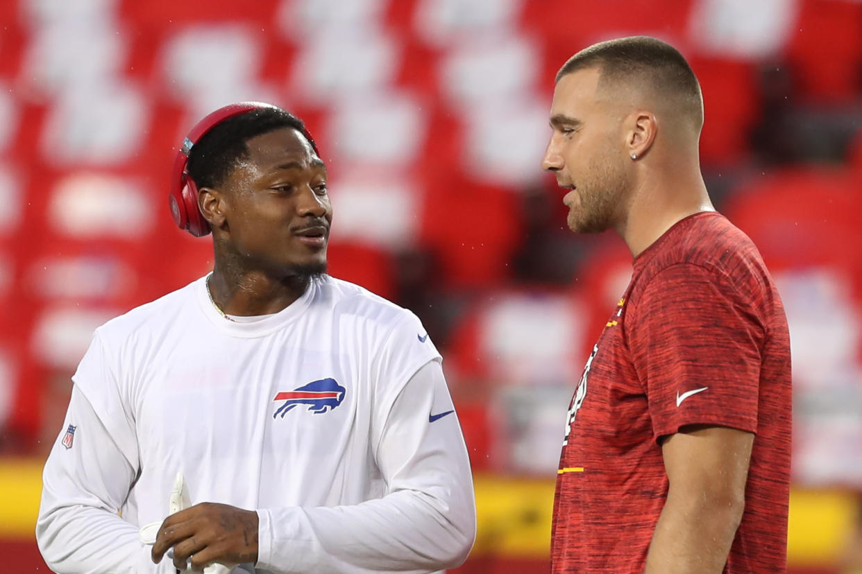 KANSAS CITY, MO - OCTOBER 10: Buffalo Bills wide receiver Stefon Diggs (14) and Kansas City Chiefs tight end Travis Kelce (87) talk before an NFL football game between the Buffalo Bills and Kansas City Chiefs on Oct 10, 2021 at GEHA Filed at Arrowhead Stadium in Kansas City, MO. (Photo by Scott Winters/Icon Sportswire via Getty Images)