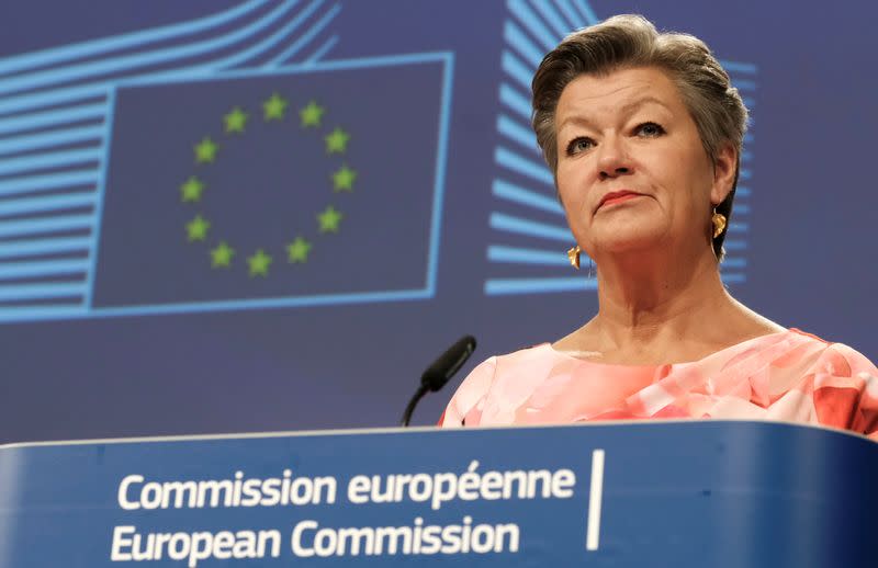 FILE PHOTO: European Commissioner for Home Affairs Ylva Johansson gives an online news conference on the lifting of restrictions at borders related to the outbreak of the coronavirus disease (COVID-19), in Brussels