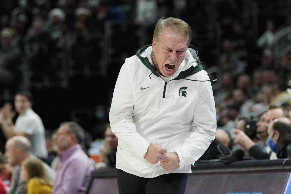 Michigan State head coach Tom Izzo reacts after receiving a technical during the second half of an NCAA college basketball game against Oakland , Tuesday, Dec. 21, 2021, in Detroit. (AP Photo/Carlos Osorio)