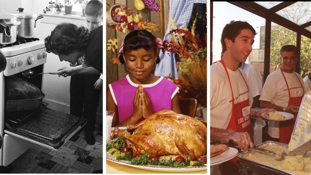 Three vintage images of Thanksgiving: black and white image of a mother in the 1950s checking turkey in oven; little girl praying in front of a cooked turkey, David Schwimmer serving mashed potatoes at a volunteer program