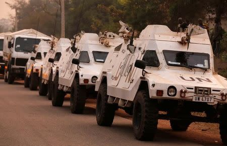 A convoy of the United Nation blue peacekeepers from Senegal is seen parked along a road in Bouake, Ivory Coast, January 6, 2017. REUTERS/Thierry Gouegnon