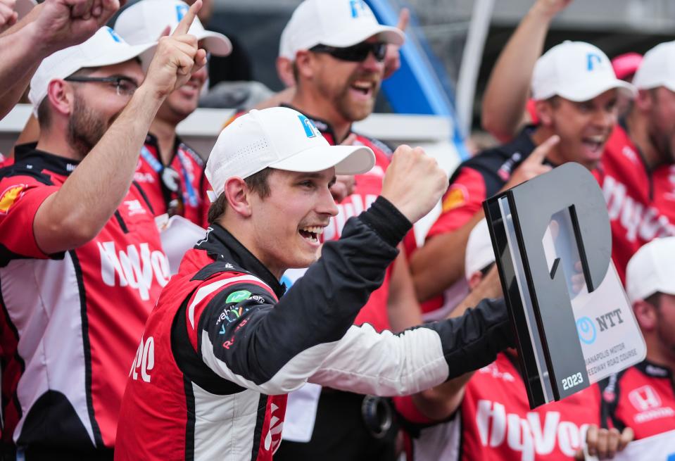 Rahal Letterman Lanigan Racing driver Christian Lundgaard (45) celebrates winning pole position during qualifying for the GMR Grand Prix Friday, May 12, 2023, at Indianapolis Motor Speedway. 