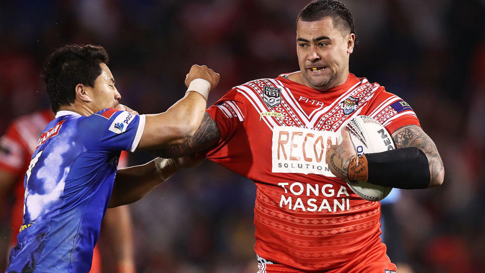 Andrew Fifita of Tonga runs the ball during the 2018 Pacific Test Invitational match between Tonga and Samoa. (Photo by Brendon Thorne/Getty Images)