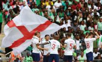 <p>We all stand together: Harry Kane celebrates England’s second goal against Nigeria </p>