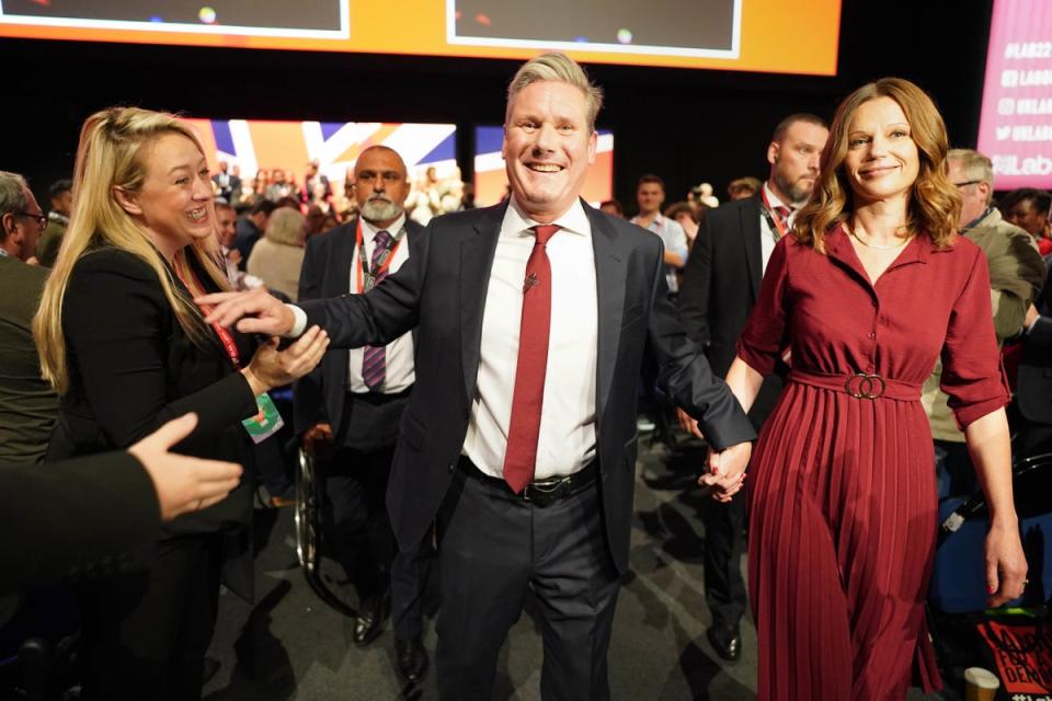 Labour Party leader Sir Keir Starmer, with his wife Victoria, leaves the stage after giving his keynote address during the Labour Party Conference at the ACC Liverpool (Stefan Rousseau/PA) (PA Wire)