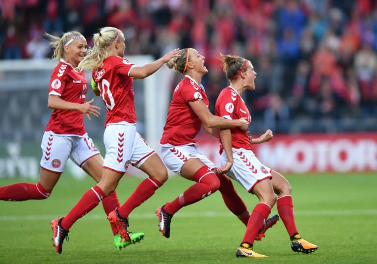 Denmark's Katrine Veje (R) celebrates after scoring against Norway on July 24, 2017