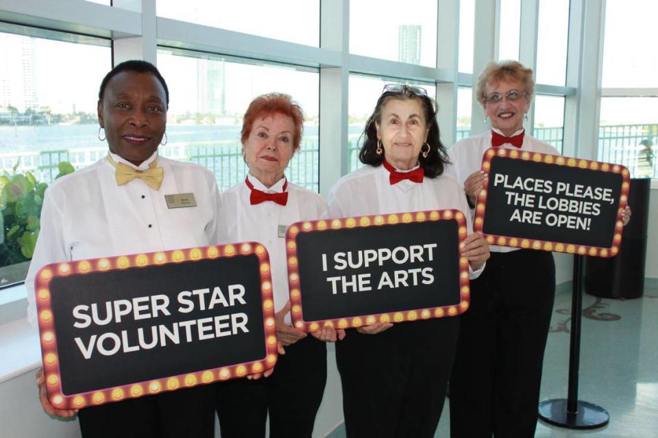 These volunteers who usher at Aventura Arts & Cultural Center are, from left: Jean Halstead, Betty Tache, Gloria Ezrin, and Karen Paige. Provided by Aventura Arts & Cultural Center