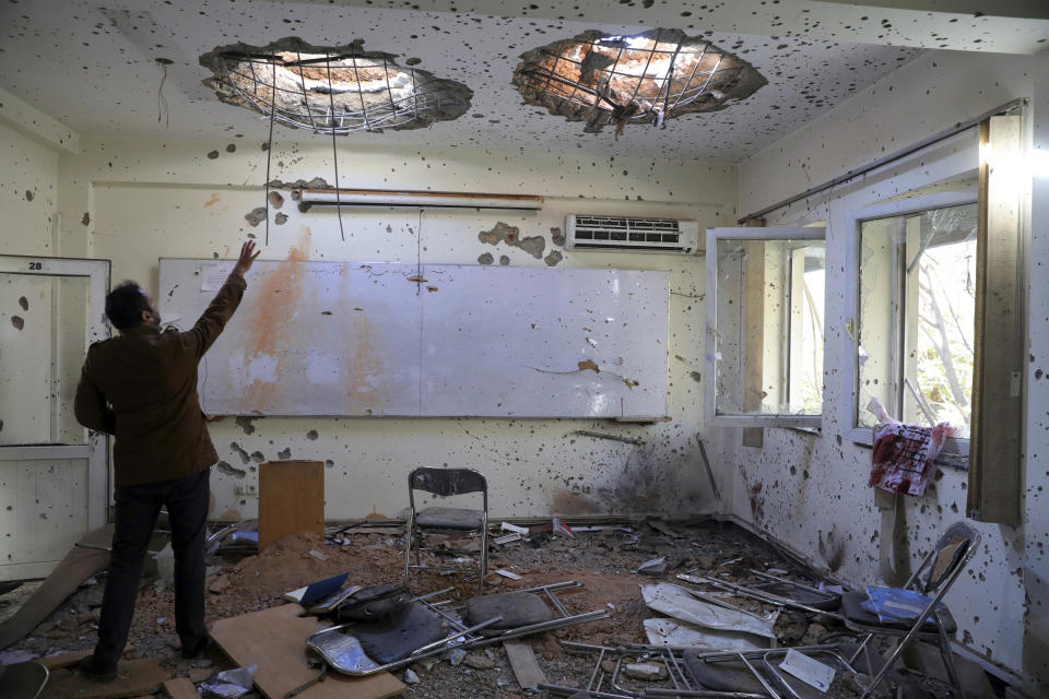 A damaged room at the Kabul University is seen after a deadly attack in Kabul, Afghanistan, Tuesday, Nov. 3, 2020. The brazen attack by gunmen who stormed the university has left many dead and wounded in the Afghan capital. The assault sparked an hours-long gun battle. (AP Photo/Rahmat Gul)
