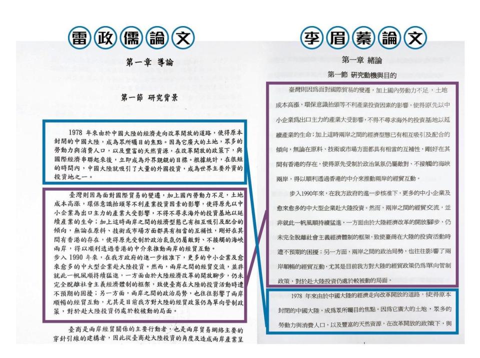 本刊比對李眉蓁與雷政儒的論文，發現李有96%都是複製貼上，甚或調動段落。