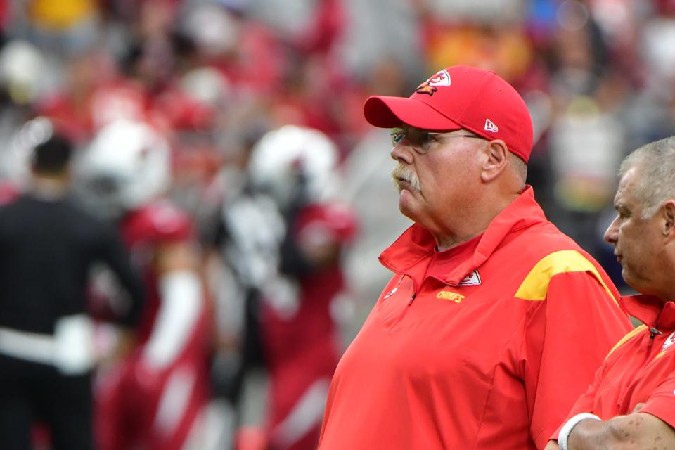 Kansas City Chiefs head coach Andy Reid looks on prior to the game against the Arizona Cardinals at State Farm Stadium in Glendale on Sept. 11, 2022.