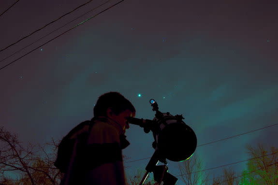 Night sky watcher Daniel Lanpher sent in a photo of his son, Wes, learning to use the family's telescope in Lansdale PA, a suburb of Philadelphia, taken in early December 2012. Lanpher writes: "In the image you can see Jupiter and the Pleiades
