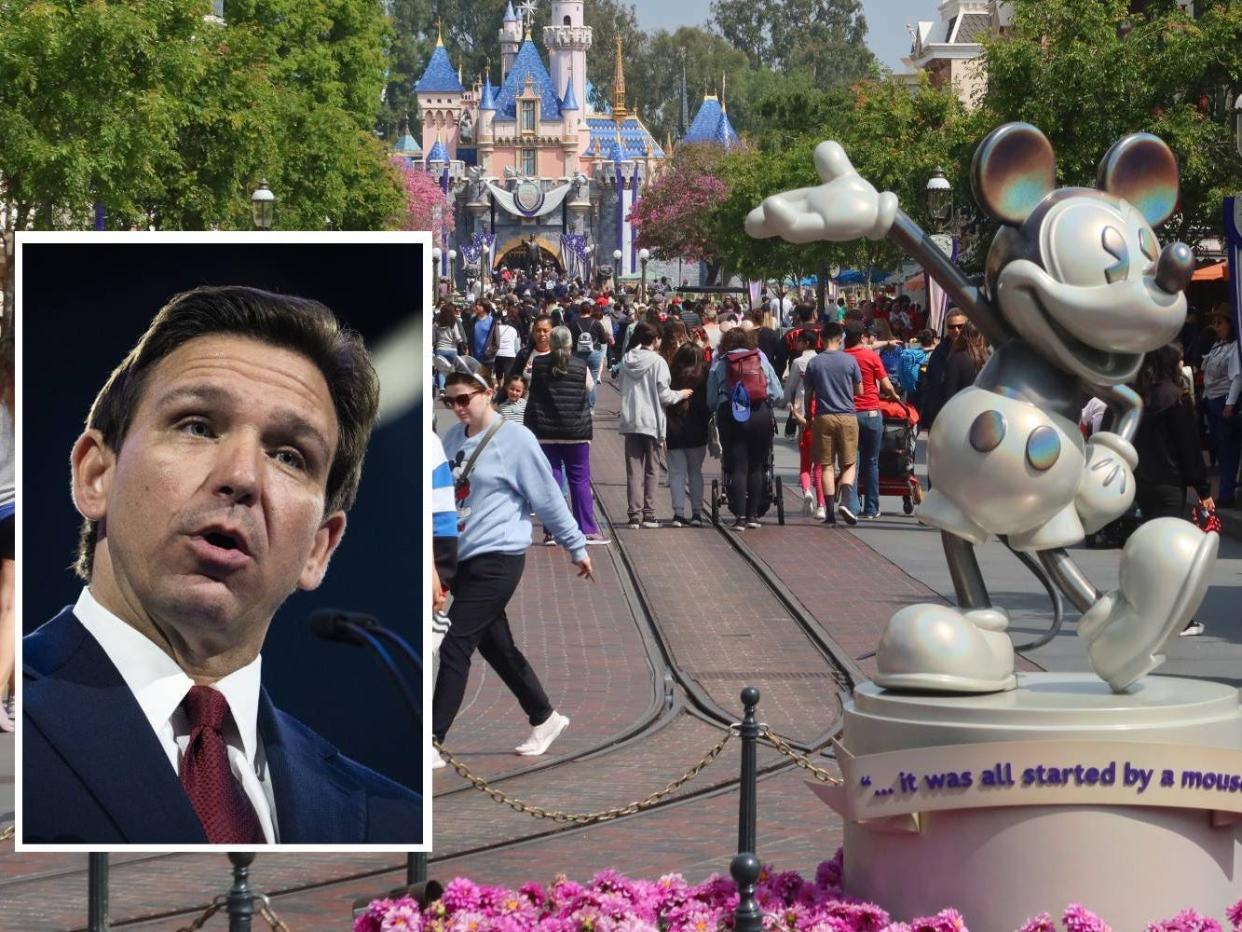 A composite image featuring a headshot of Ron DeSantis alongside a picture of Disneyland.