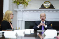 President Joe Biden speaks during a meeting with FEMA Administrator Deanne Criswell, left, and Homeland Security Adviser and Deputy National Security Adviser Elizabeth Sherwood-Randall, in the Roosevelt Room of the White House, Tuesday, June 22, 2021, in Washington. (AP Photo/Evan Vucci)