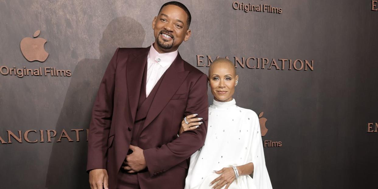 los angeles, california   november 30 will smith l and jada pinkett smith r attend the premiere of apple original films emancipation at regency village theatre on november 30, 2022 in los angeles, california photo by amy sussmanwireimage