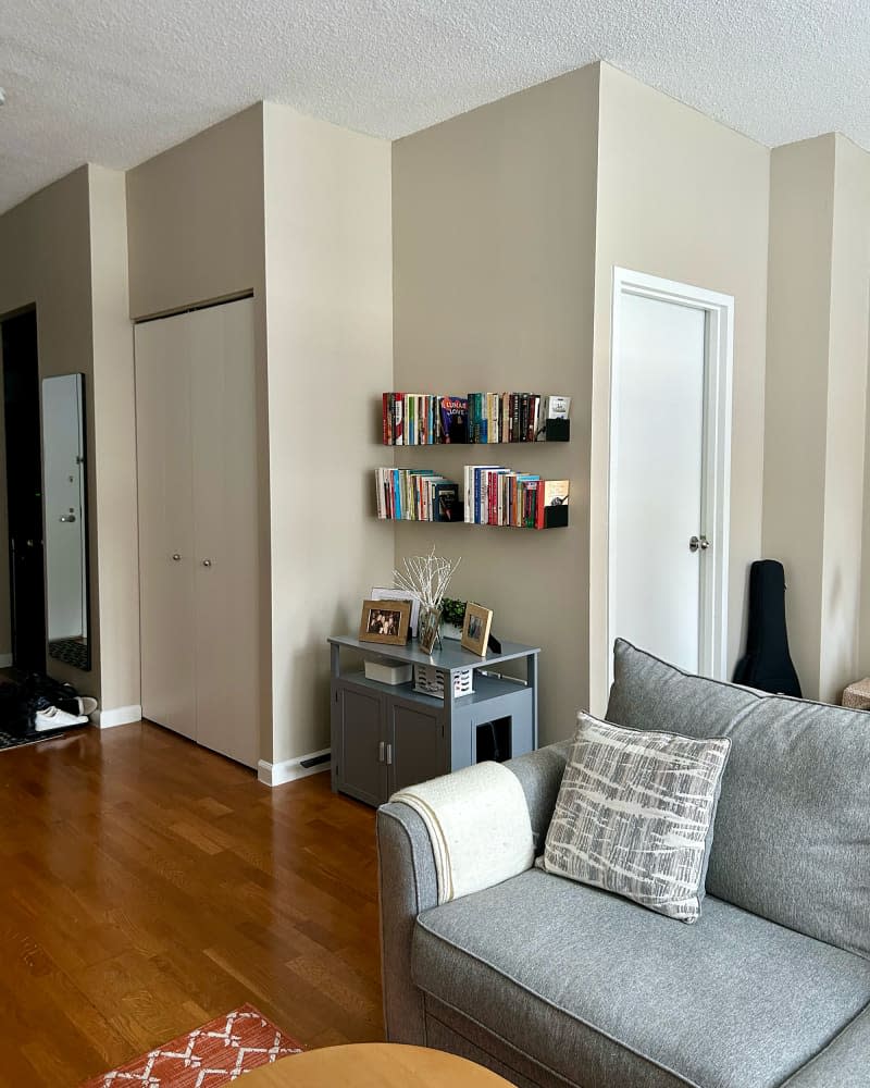 Books on floating shelf in studio apartment.