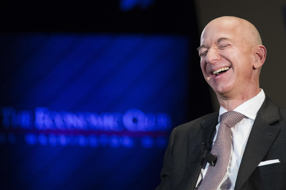 Jeff Bezos, Amazon founder and CEO, speaks at The Economic Club of Washington's Milestone Celebration in Washington, Thursday, Sept. 13, 2018. Bezos said Thursday that he is giving $2 billion to start the Bezos Day One Fund which will open preschools in low-income neighborhoods and give money to nonprofits that helps homeless families. (AP Photo/Cliff Owen)