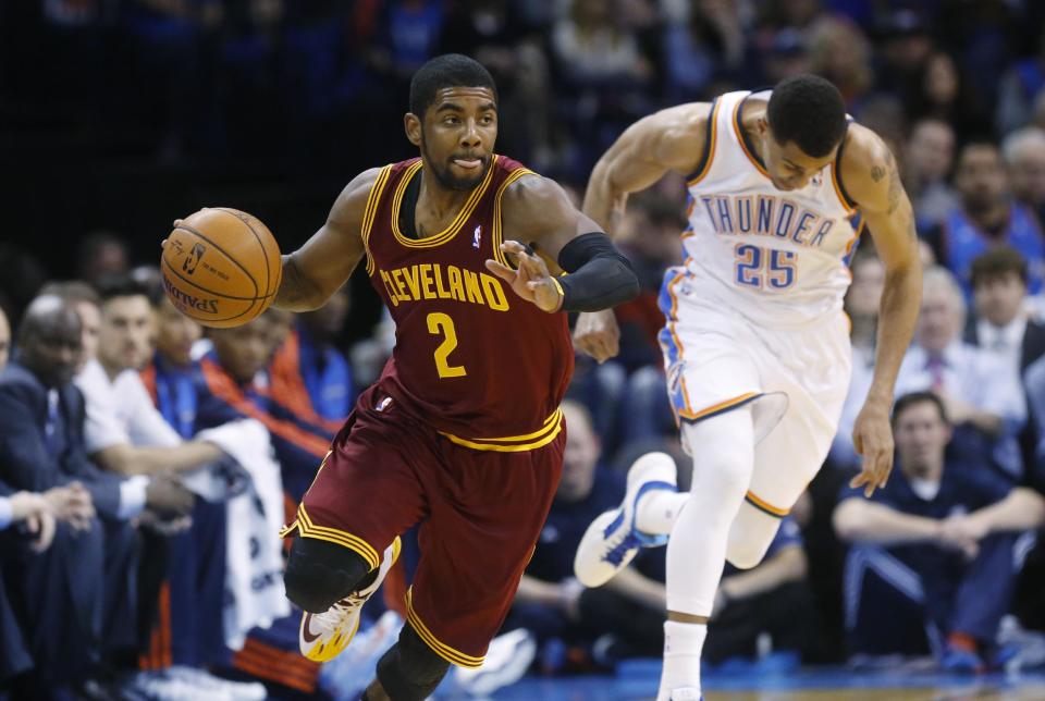 <p>No. 7: Kyrie Irving: 31 points (10-19 FG, 4-7 3FG, 7-7 FT), 9 assists, 5 rebounds, 4 steals, 3 turnovers — His outing in a stunning upset over Oklahoma City was more impressive than his first career triple-double as both performances showed how dangerous Irving is when he’s on top of his game. (AP Photo/Sue Ogrocki)</p>