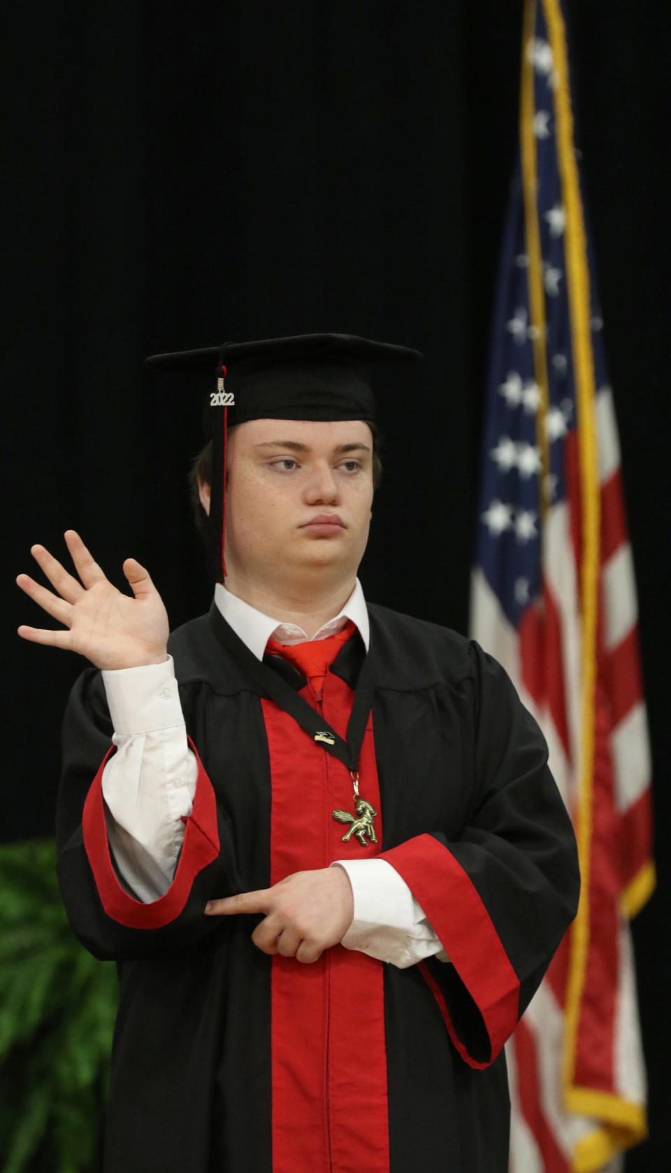 William Jones takes part on stage during the “Star Spangled Banner” during the North Shelby Graduation Ceremony held Friday morning, May 20, 2022, at the North Shelby school in Shelby.