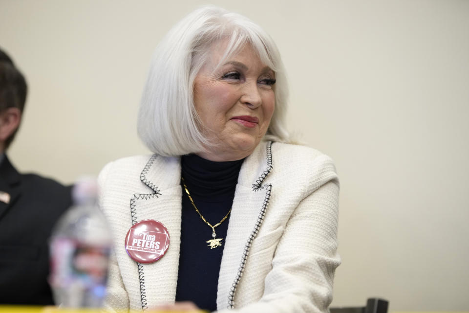 Colorado Republican Party chair candidate Tina Peters looks on during a debate for the state Republican Party leadership position Saturday, Feb. 25, 2023, in Hudson, Colo. (AP Photo/David Zalubowski)